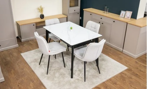 Set Masă Living Extensibilă KJT4711-1 Alb cu 4 Scaune Tapițate DCM2001AF Bej