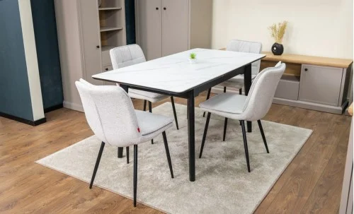 Set Masă Living Extensibilă KJT4711-1 Alb cu 4 Scaune Tapițate DCM2001AF Bej