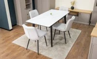 Set Masă Living Extensibilă KJT4711-1 Alb cu 4 Scaune Tapițate DCM2001AF Bej