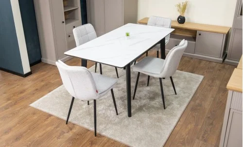 Set Masă Living Extensibilă KJT4711-1 Alb cu 4 Scaune Tapițate DCM2001AF Bej