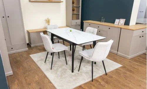 Set Masă Living Extensibilă KJT4711-1 Alb cu 4 Scaune Tapițate DCM2001AF Bej