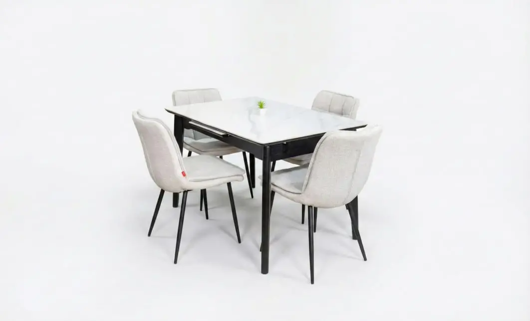 Set Masă Living Extensibilă KJT4711-1 Alb cu 4 Scaune Tapițate DCM2001AF Bej 2