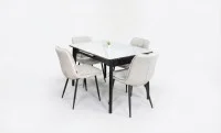 Set Masă Living Extensibilă KJT4711-1 Alb cu 4 Scaune Tapițate DCM2001AF Bej 2