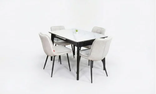 Set Masă Living Extensibilă KJT4711-1 Alb cu 4 Scaune Tapițate DCM2001AF Bej