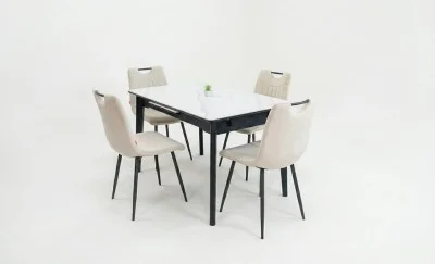 Set Masă Living Extensibilă KJT4711-1 Alb cu 4 Scaune KJC0358 Bej