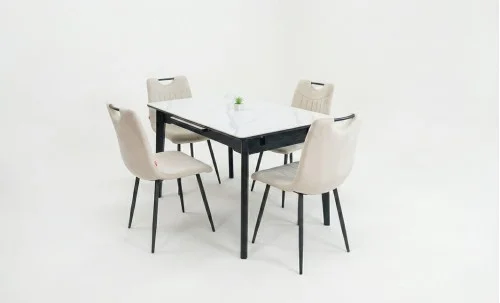 Set Masă Living Extensibilă KJT4711-1 Alb cu 4 Scaune KJC0358 Bej