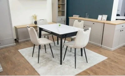 Set Masă Living Extensibilă KJT4711-1 Alb cu 4 Scaune KJC0358 Bej