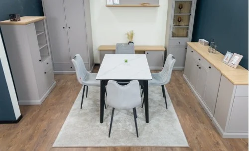Set Masă Living Extensibilă KJT4711-1 Alb cu 4 Scaune KJC0358 Gri