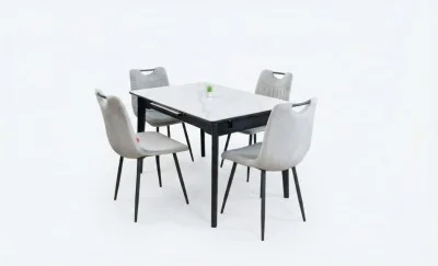 Set Masă Living Extensibilă KJT4711-1 Alb cu 4 Scaune KJC0358 Gri