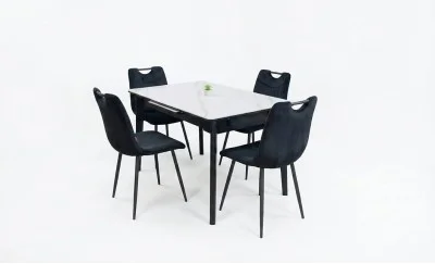 Set Masă Living Extensibilă KJT4711-1 Alb cu 4 Scaune KJC0358 Negre