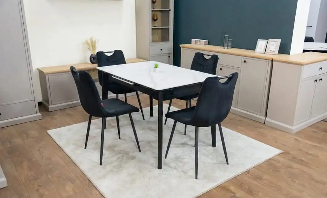 Set Masă Living Extensibilă KJT4711-1 Alb cu 4 Scaune KJC0358 Negre