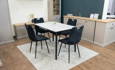 Set Masă Living Extensibilă KJT4711-1 Alb cu 4 Scaune KJC0358 Negre
