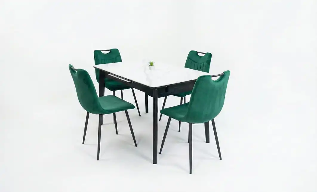Set Masă Living Extensibilă KJT4711-1 Alb cu 4 Scaune KJC0358 Verzi 2