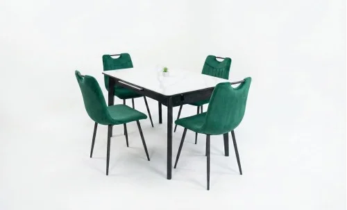 Set Masă Living Extensibilă KJT4711-1 Alb cu 4 Scaune KJC0358 Verzi