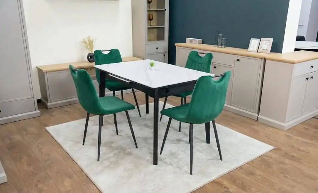 Set Masă Living Extensibilă KJT4711-1 Alb cu 4 Scaune KJC0358 Verzi