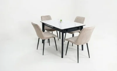 Set Masă Living Extensibilă KJT4711-1 Alb cu 4 Scaune KJC176 Bej