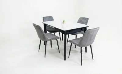 Set Masă Living Extensibilă KJT4711-1 Alb cu 4 Scaune KJC176 Gri