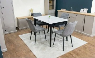 Set Masă Living Extensibilă KJT4711-1 Alb cu 4 Scaune KJC176 Gri