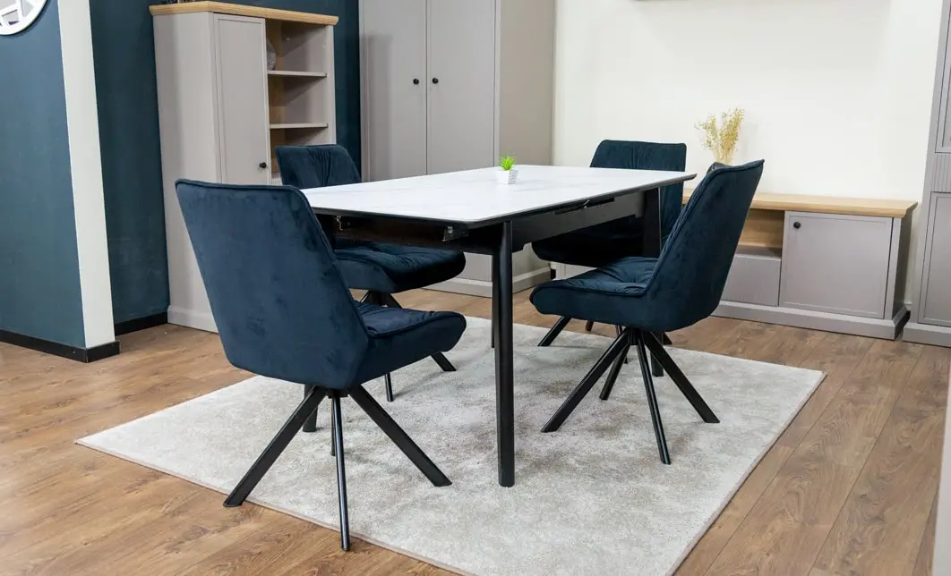 Set Masă Living Extensibilă KJT4711-1 Alb cu 4 Scaune Tapițate KJC356 Negre 3