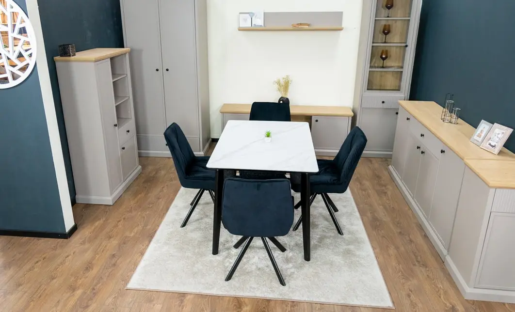 Set Masă Living Extensibilă KJT4711-1 Alb cu 4 Scaune Tapițate KJC356 Negre 8