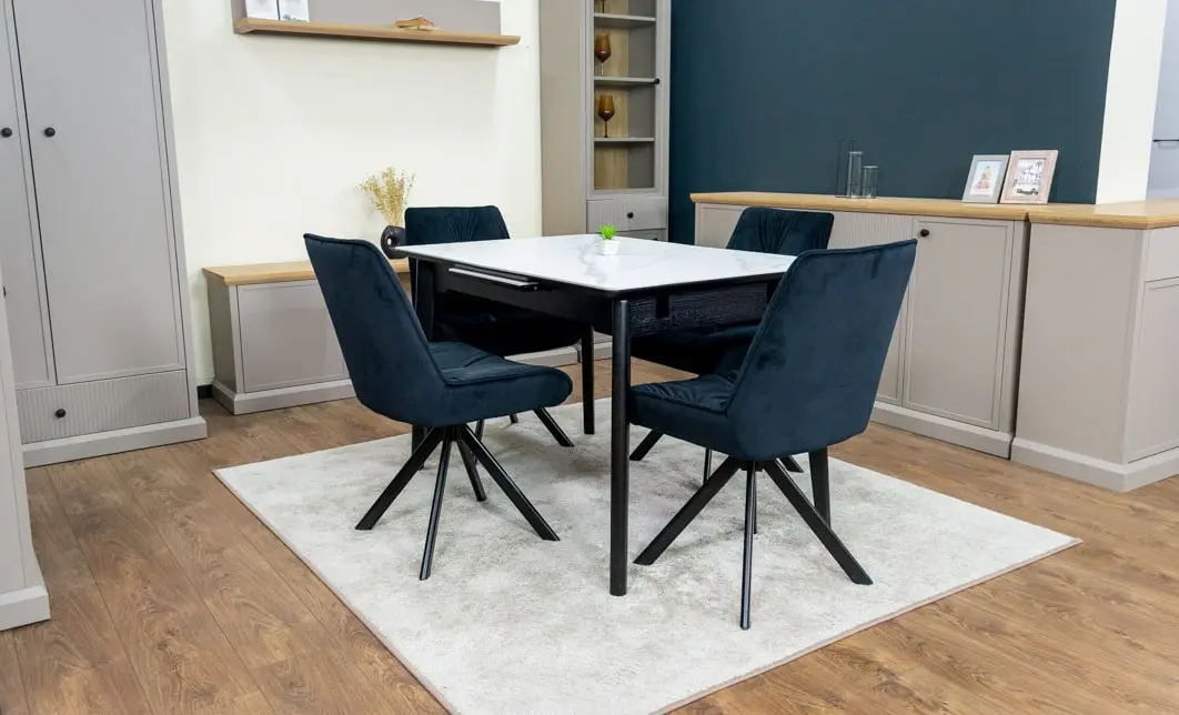 Set Masă Living Extensibilă KJT4711-1 Alb cu 4 Scaune Tapițate KJC356 Negre 9