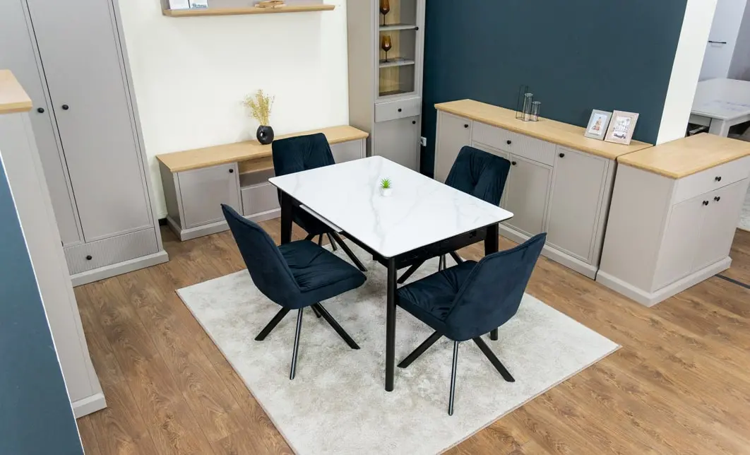 Set Masă Living Extensibilă KJT4711-1 Alb cu 4 Scaune Tapițate KJC356 Negre 10
