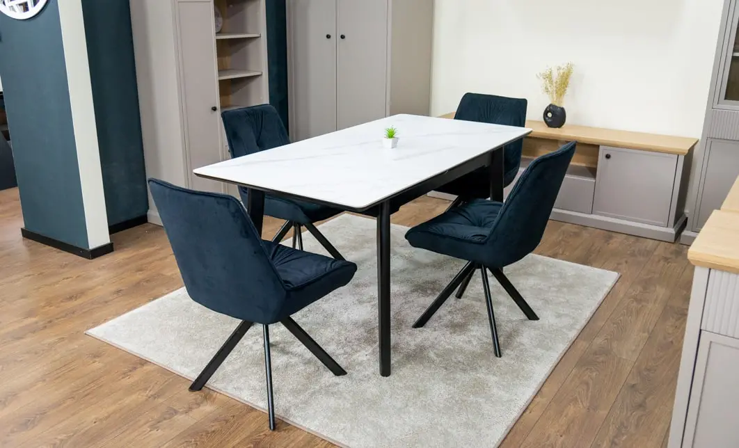 Set Masă Living Extensibilă KJT4711-1 Alb cu 4 Scaune Tapițate KJC356 Negre