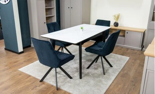 Set Masă Living Extensibilă KJT4711-1 Alb cu 4 Scaune Tapițate KJC356 Negre