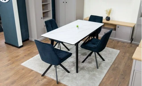 Set Masă Living Extensibilă KJT4711-1 Alb cu 4 Scaune Tapițate KJC356 Negre