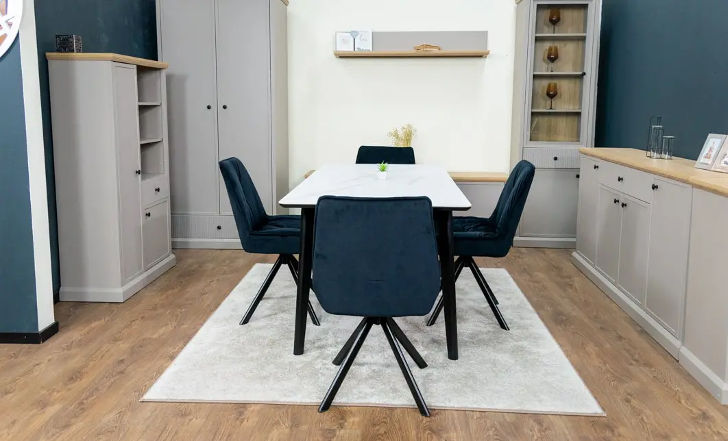 Set Masă Living Extensibilă KJT4711-1 Alb cu 4 Scaune Tapițate KJC356 Negre