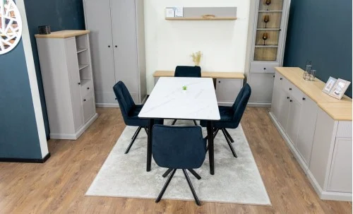 Set Masă Living Extensibilă KJT4711-1 Alb cu 4 Scaune Tapițate KJC356 Negre