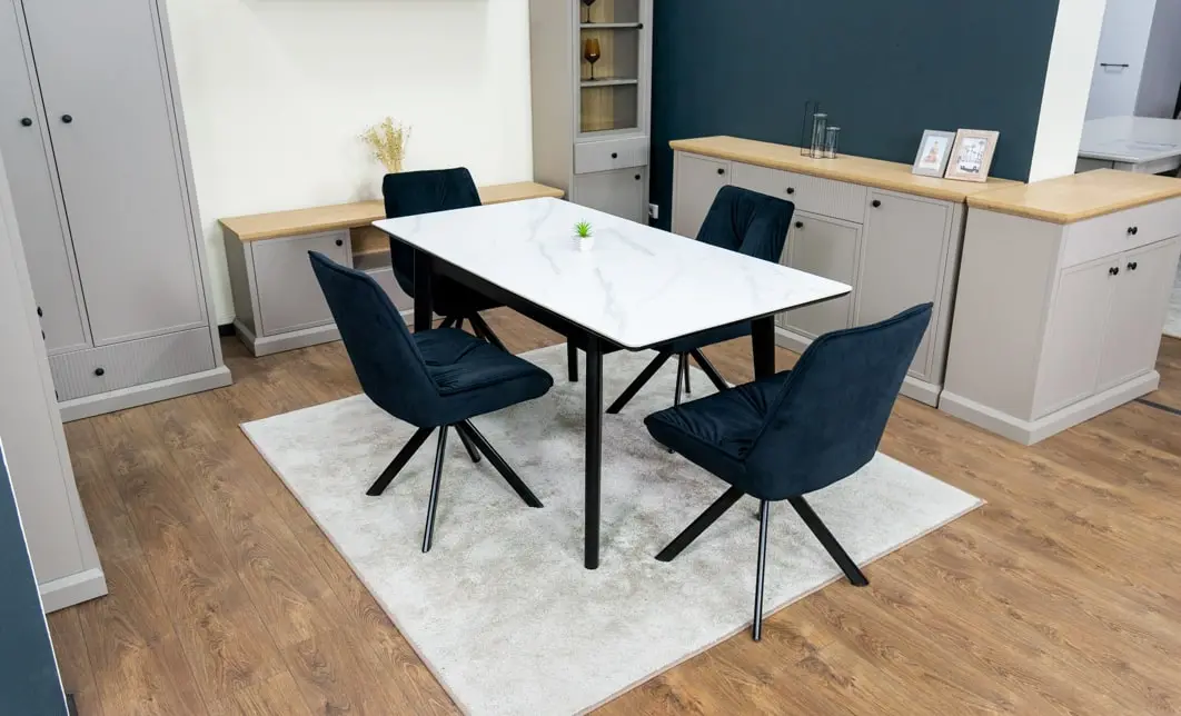 Set Masă Living Extensibilă KJT4711-1 Alb cu 4 Scaune Tapițate KJC356 Negre 2