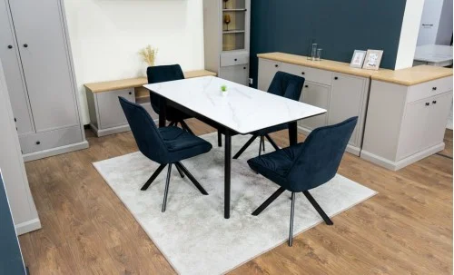 Set Masă Living Extensibilă KJT4711-1 Alb cu 4 Scaune Tapițate KJC356 Negre