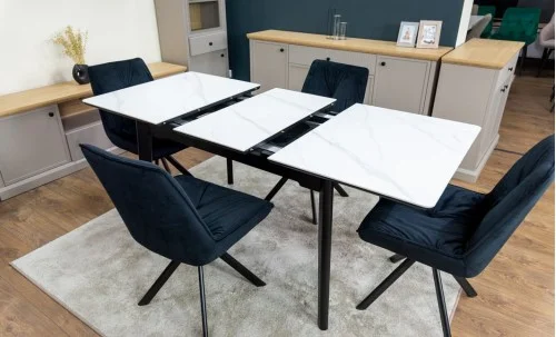 Set Masă Living Extensibilă KJT4711-1 Alb cu 4 Scaune Tapițate KJC356 Negre