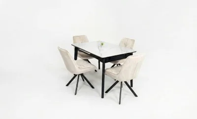 Set Masă Living Extensibilă KJT4711-1 Alb cu 4 Scaune Tapițate KJC356 Bej
