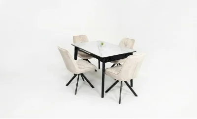 Set Masă Living Extensibilă KJT4711-1 Alb cu 4 Scaune Tapițate KJC356 Bej