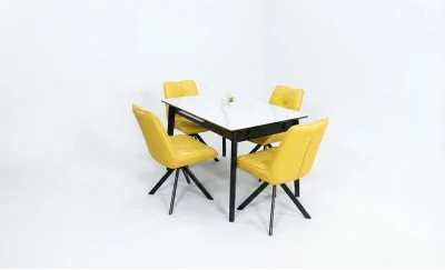Set Masă Living Extensibilă KJT4711-1 Alb cu 4 Scaune Tapițate KJC356 Galbene