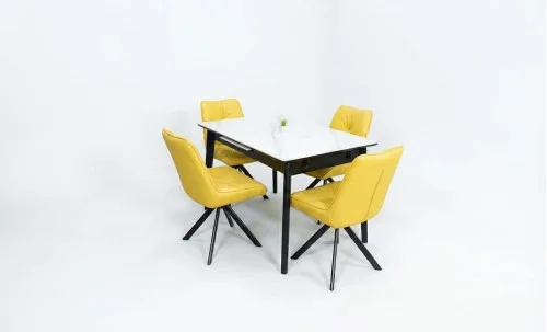 Set Masă Living Extensibilă KJT4711-1 Alb cu 4 Scaune Tapițate KJC356 Galbene
