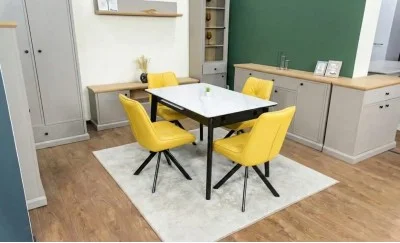 Set Masă Living Extensibilă KJT4711-1 Alb cu 4 Scaune Tapițate KJC356 Galbene