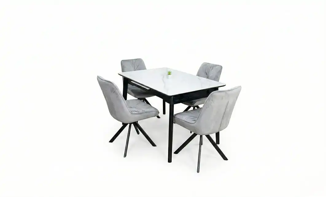 Set Masă Living Extensibilă KJT4711-1 Alb cu 4 Scaune Tapițate KJC356 Gri 1
