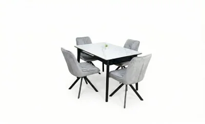 Set Masă Living Extensibilă KJT4711-1 Alb cu 4 Scaune Tapițate KJC356 Gri