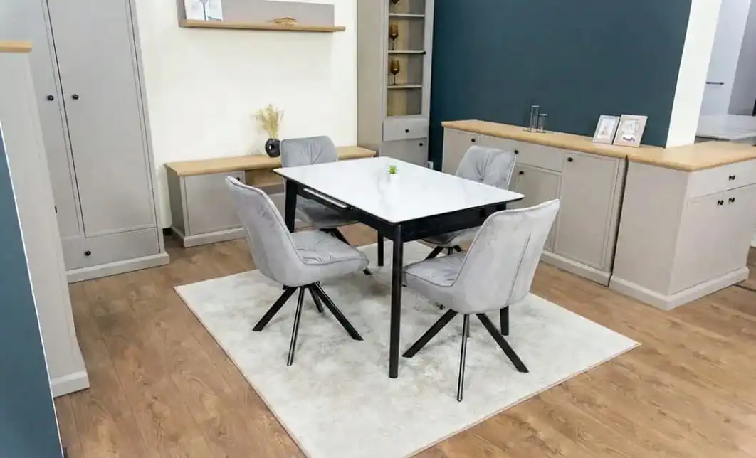 Set Masă Living Extensibilă KJT4711-1 Alb cu 4 Scaune Tapițate KJC356 Gri
