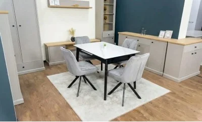 Set Masă Living Extensibilă KJT4711-1 Alb cu 4 Scaune Tapițate KJC356 Gri