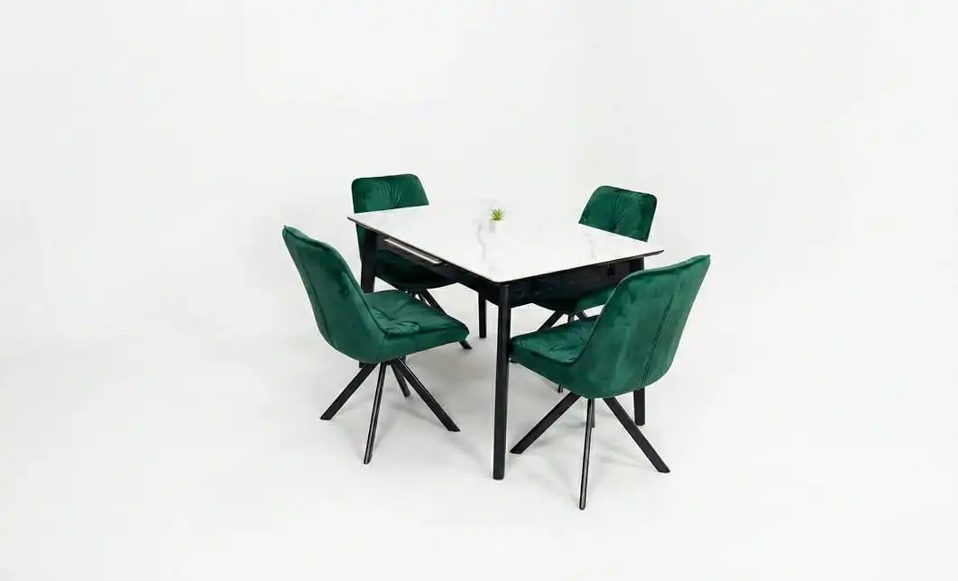 Set Masă Living Extensibilă KJT4711-1 Alb cu 4 Scaune Tapițate KJC356 Verde 1