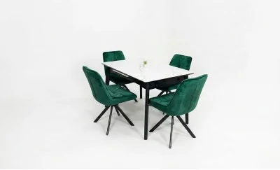 Set Masă Living Extensibilă KJT4711-1 Alb cu 4 Scaune Tapițate KJC356 Verde