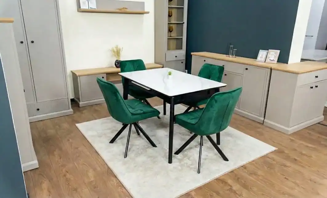Set Masă Living Extensibilă KJT4711-1 Alb cu 4 Scaune Tapițate KJC356 Verde