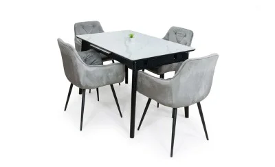 Set Masă Living Extensibilă KJT4711-1 Alb cu 4 Scaune Tapițate KJC38 Gri