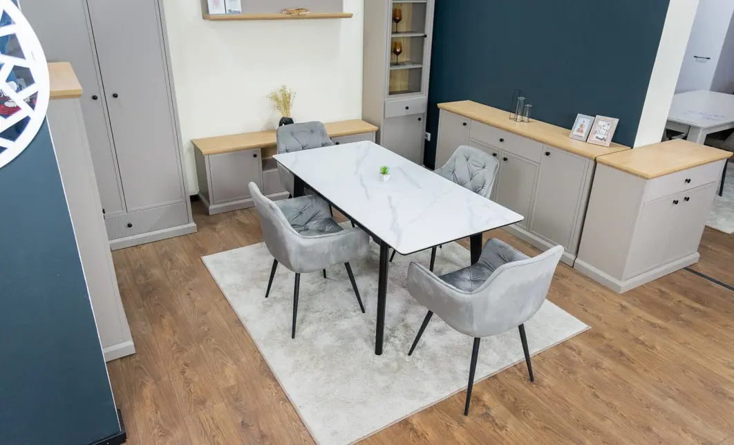 Set Masă Living Extensibilă KJT4711-1 Alb cu 4 Scaune Tapițate KJC38 Gri 10