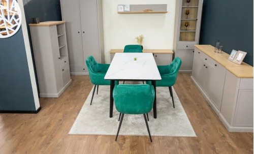 Set Masă Living Extensibilă KJT4711-1 Alb cu 4 Scaune Tapițate KJC38 Verde