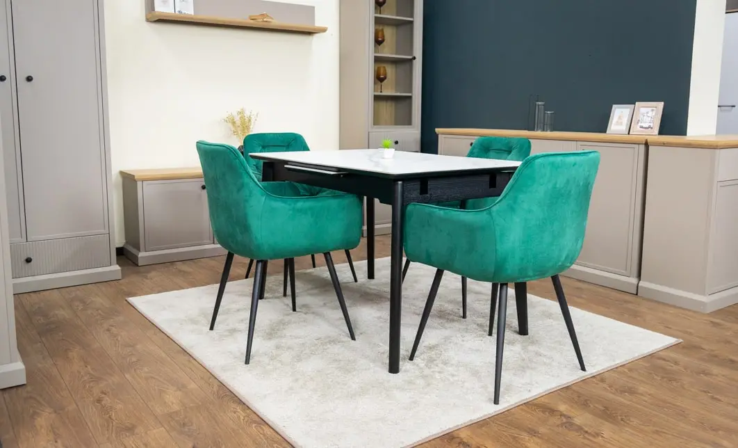 Set Masă Living Extensibilă KJT4711-1 Alb cu 4 Scaune Tapițate KJC38 Verde 7